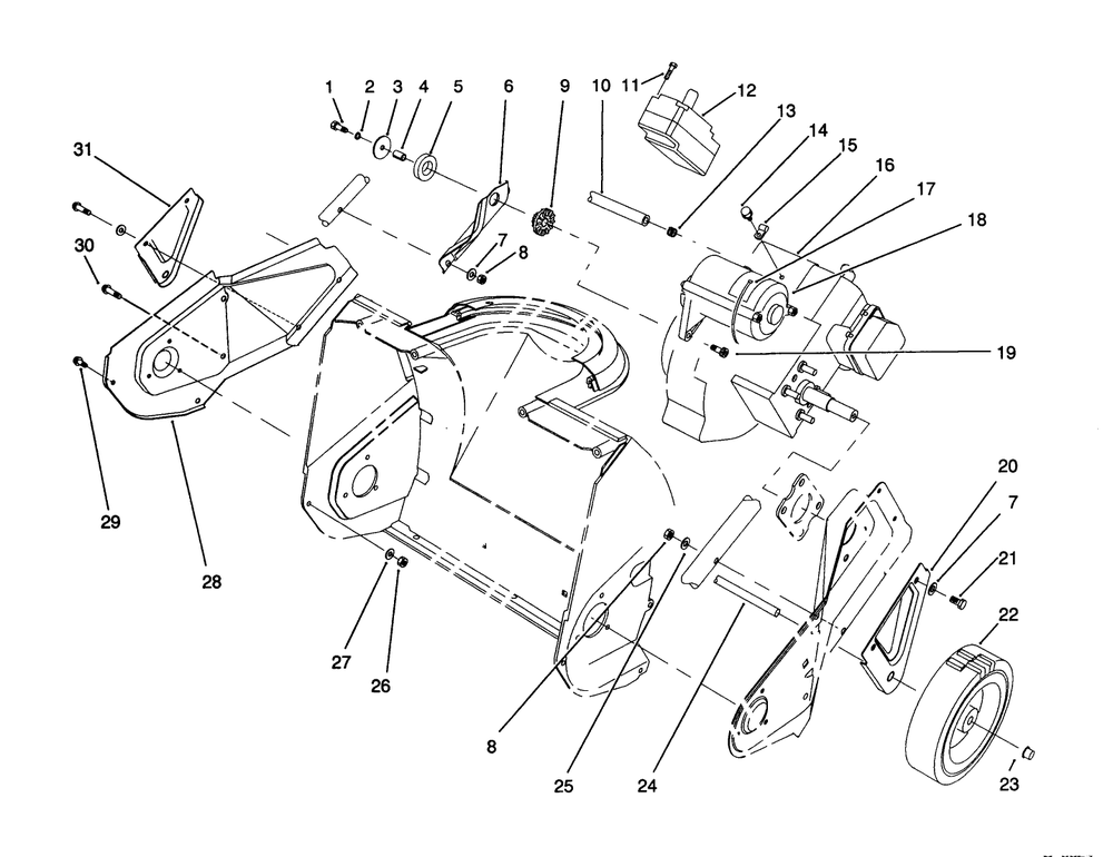 Engine & Wheel Assembly Diagram and Parts List for 38171 2000001 - 2999999 Toro Snow Blower