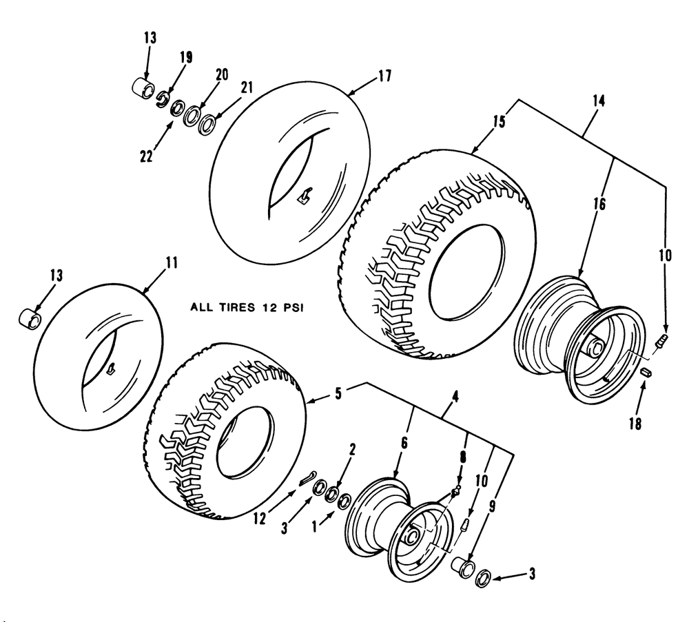 Wheel & Tire Assebly Diagram and Parts List for 32-12BEA3 1000001 - 1999999 Toro Lawn Tractor