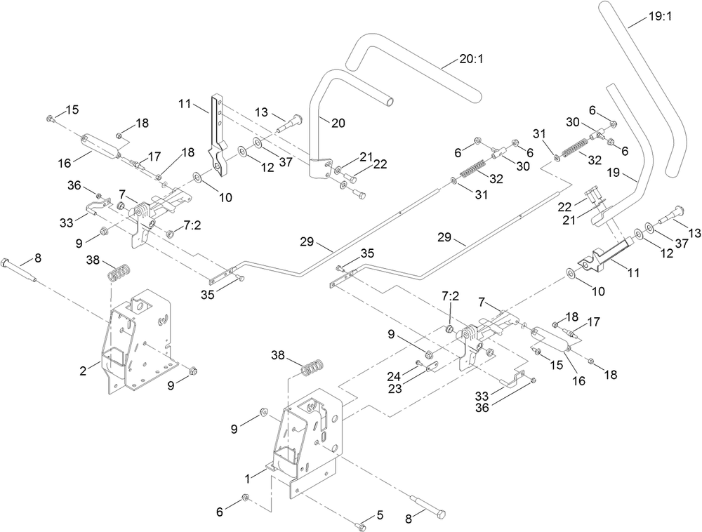 Motion Control Assembly Diagram and Parts List for 74887 409378061 - 411455765 Toro Lawn Tractor