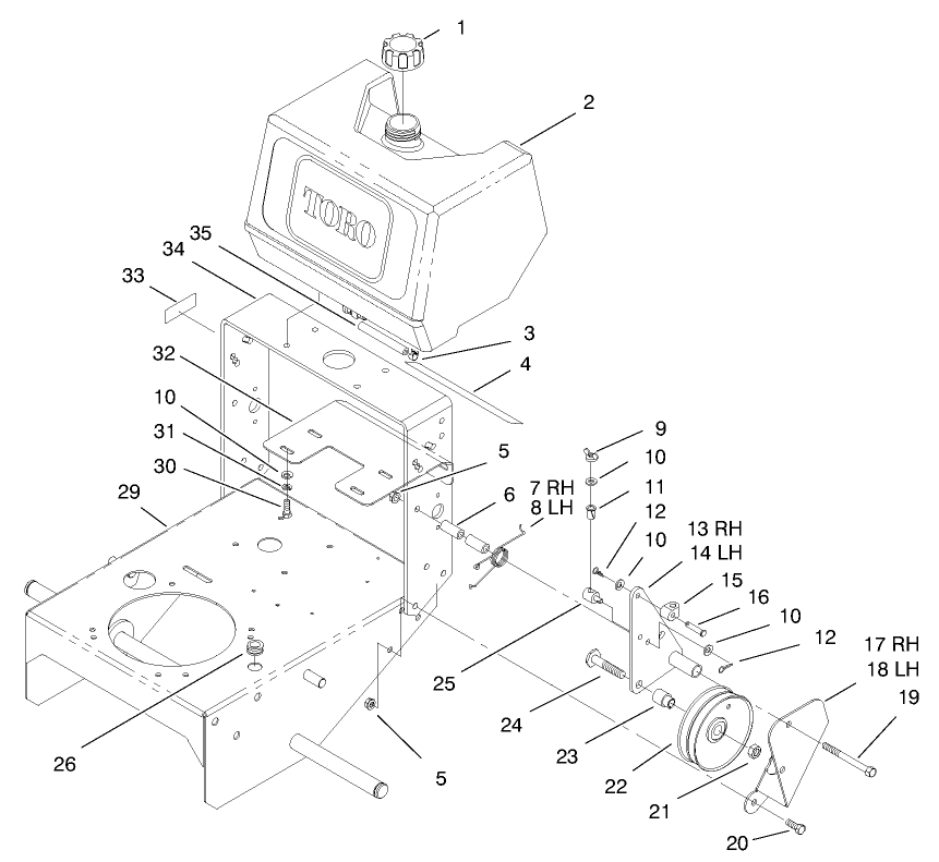 Fuel Tank And Idler Bracket Assembly Diagram and Parts List for 30159 890001 - 899999 Toro Lawn Tractor Accessories