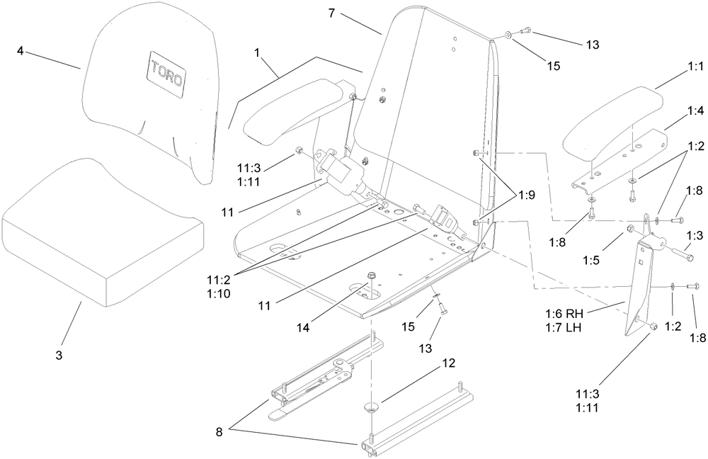 Seat Assembly Diagram and Parts List for 74413 (270000001-270999999)(2007) Toro Lawn Mower