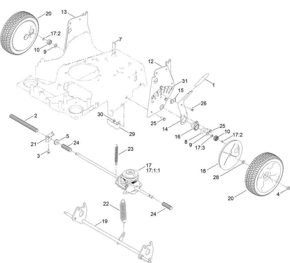 Rear Wheel And Height-Of-Cut Assembly Diagram and Parts List for 21199 407700000 - 410243166 Toro Lawn Mower