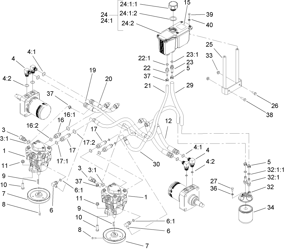 Hydraulic System Assembly Diagram and Parts List for 74410 (250007001-250999999)(2005) Toro Lawn Mower