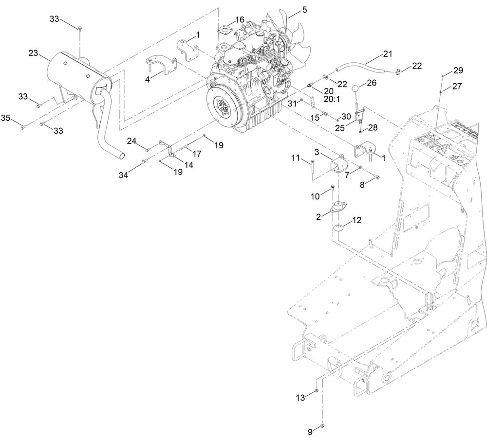 Engine Mount And Muffler Assembly Diagram and Parts List for 22327 407400000 - 407999999 Toro Lawn Tractor Accessories