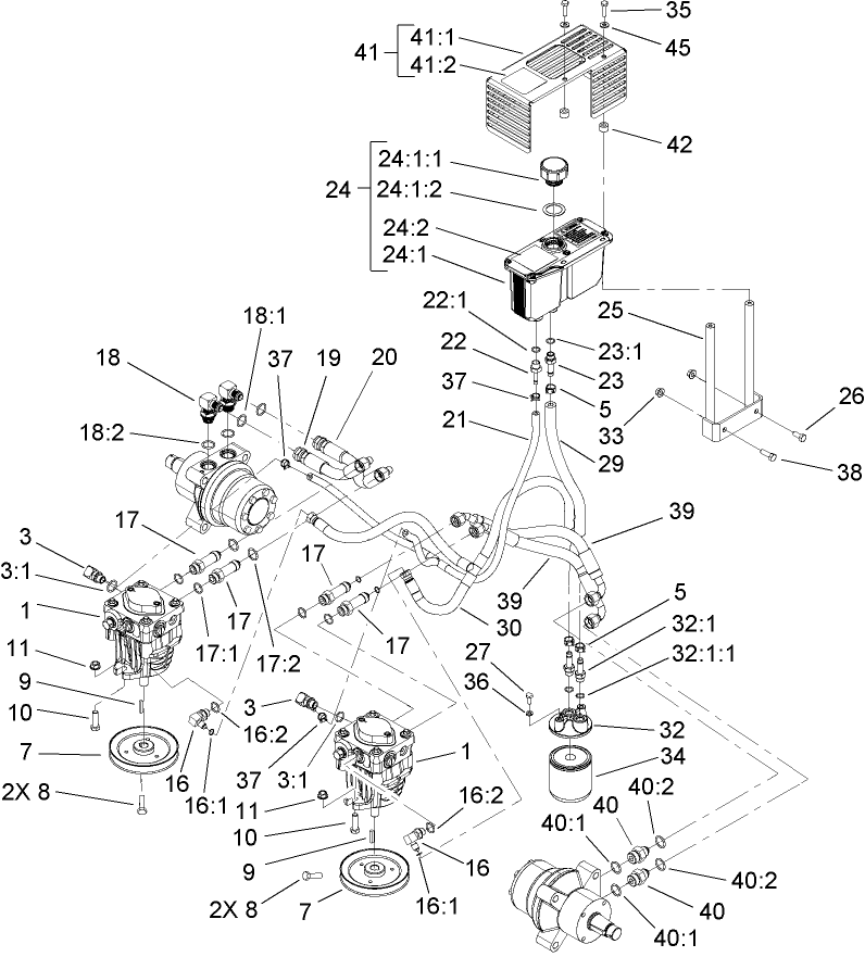 Hydraulic System Assembly Diagram and Parts List for 74411TE (250000001-250999999)(2005) Toro Lawn Mower