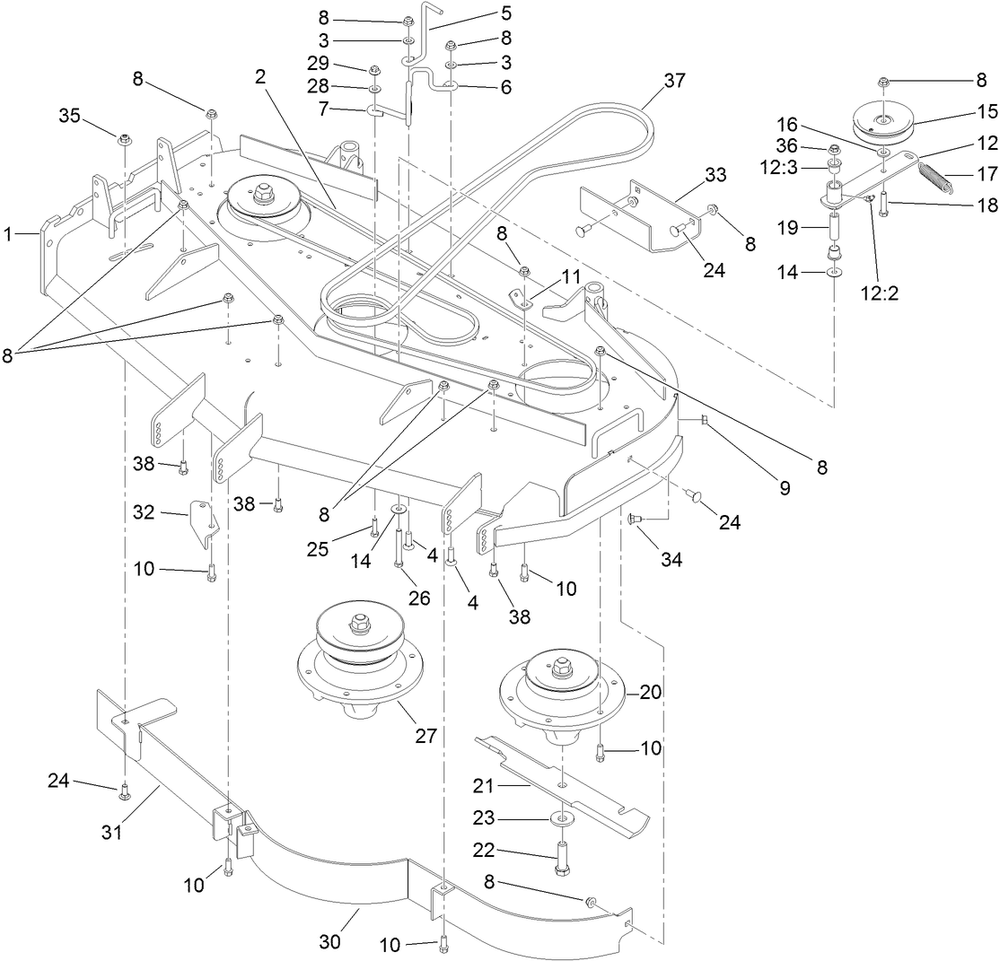 Deck Drive And Baffle Assembly Diagram and Parts List for 39488 (312000001-312999999)(2012) Toro Lawn Mower