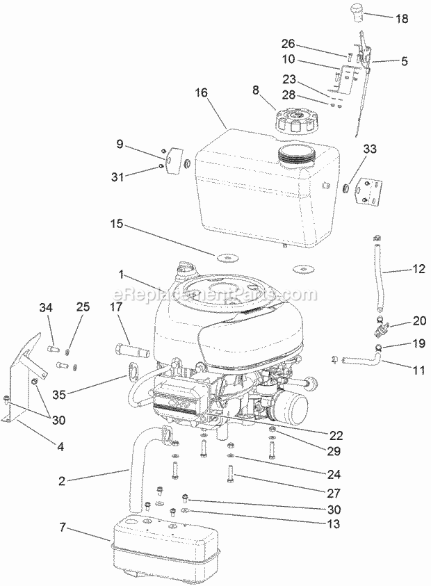 Engine And Muffler Assembly Diagram and Parts List for 74585 312000001-312999999 Toro Lawn Mower