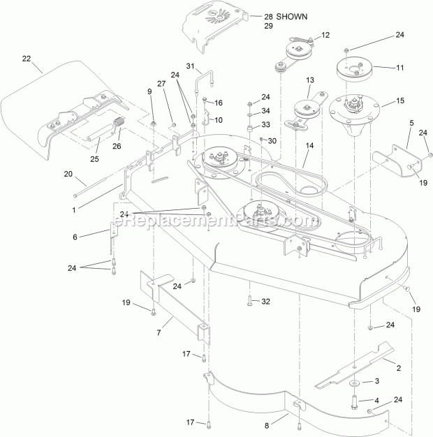 Deck Assembly Diagram and Parts List for 74575 315000001-315999999 Toro Lawn Mower