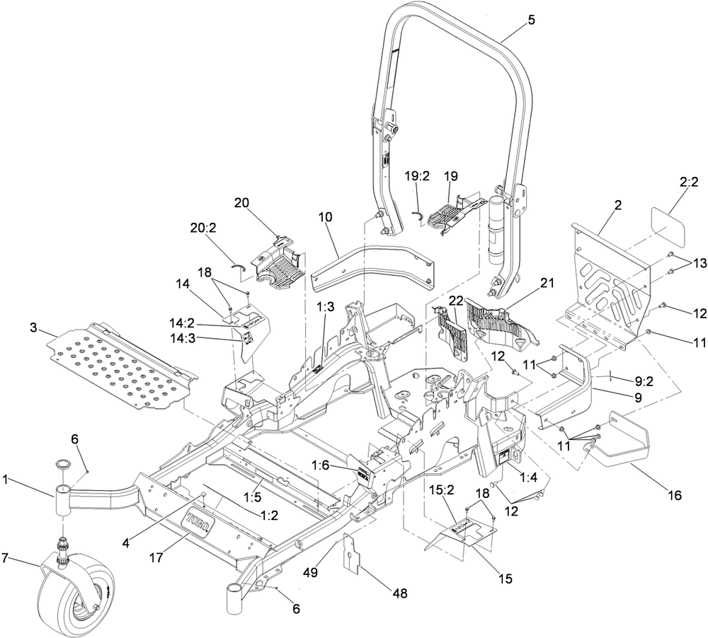 Front Frame And Caster Wheel Assembly Diagram and Parts List for 74901 (311000001-311999999)(2011) Toro Lawn Mower