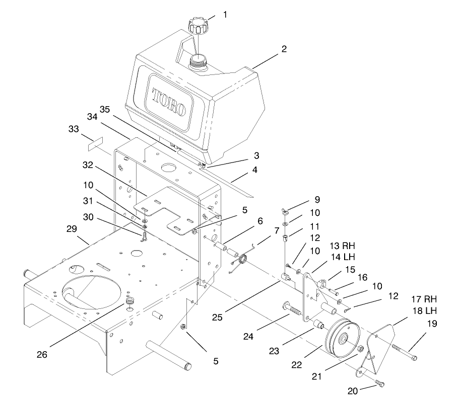 Fuel Tank And Idler Bracket Assembly Diagram and Parts List for 30159 795101 - 799999 Toro Lawn Tractor Accessories