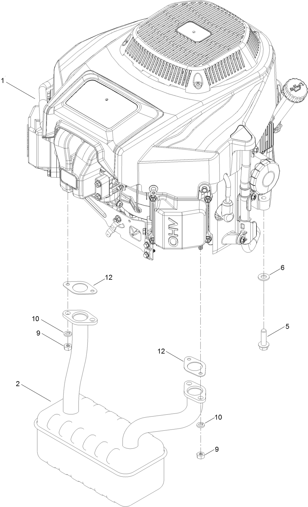 Engine And Muffler Assembly Diagram and Parts List for 74687 408976622 - 410149999 Toro Lawn Tractor
