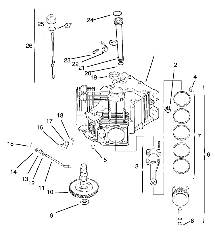 Crankcase Diagram and Parts List for 74105 79000001 - 79999999 Toro Lawn Tractor