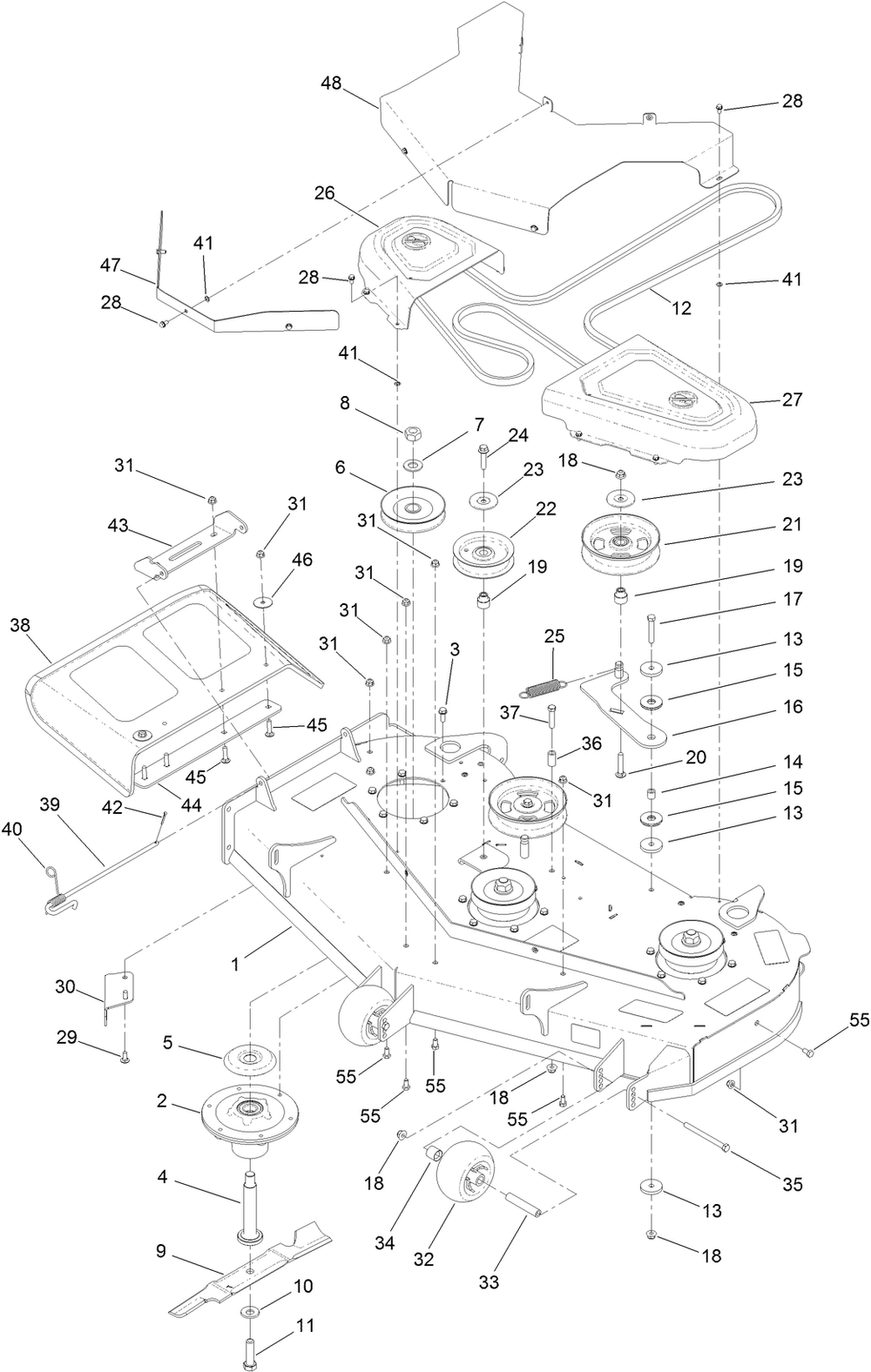 48 Inch International Deck Assembly Diagram and Parts List for 44424TE 413000000 - 999999999 Toro Lawn Mower