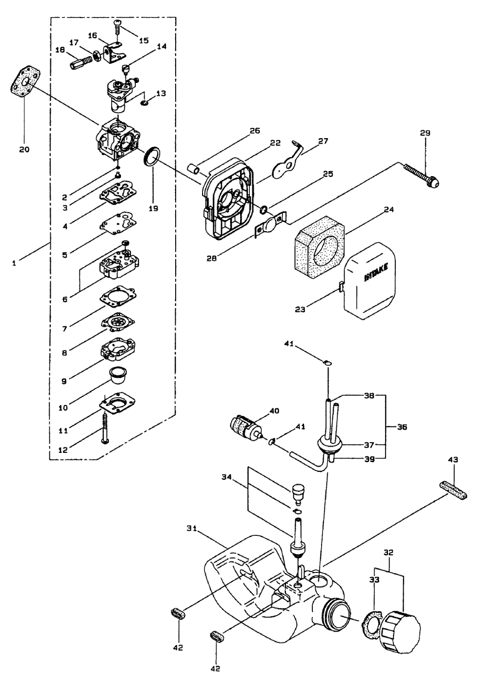 Carburetor And Fuel Assembly Diagram and Parts List for 53011 890001 - 895000 Toro Trimmer