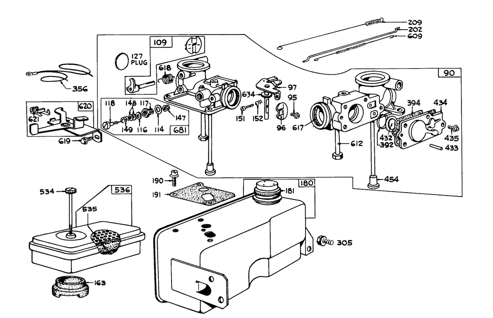 Carburetor Air Cleaner & Gas Tank Assembly Diagram and Parts List for 62850 2000001 - 2999999 Toro Chipper Shredder