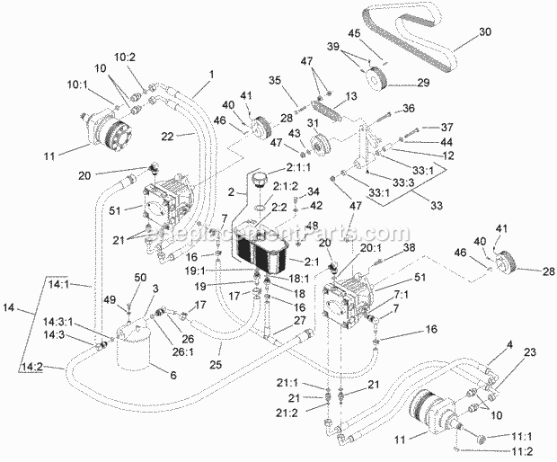 Hydraulic System Assembly Diagram and Parts List for 74263CP 270000001-270999999 Toro Lawn Mower
