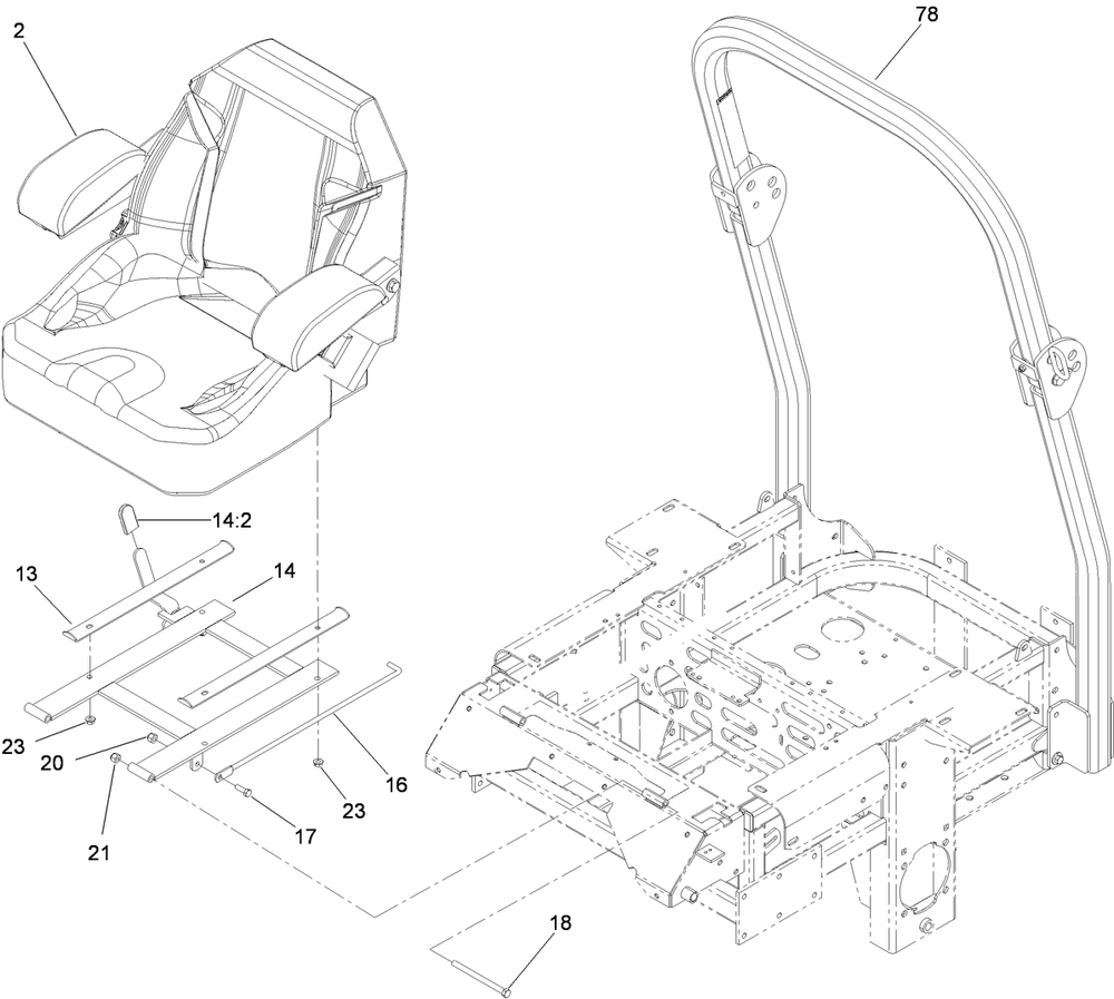 Seat And Roll-Over Protection System Assembly Diagram and Parts List for 74296 (311000001-311999999)(2011) Toro Lawn Mower