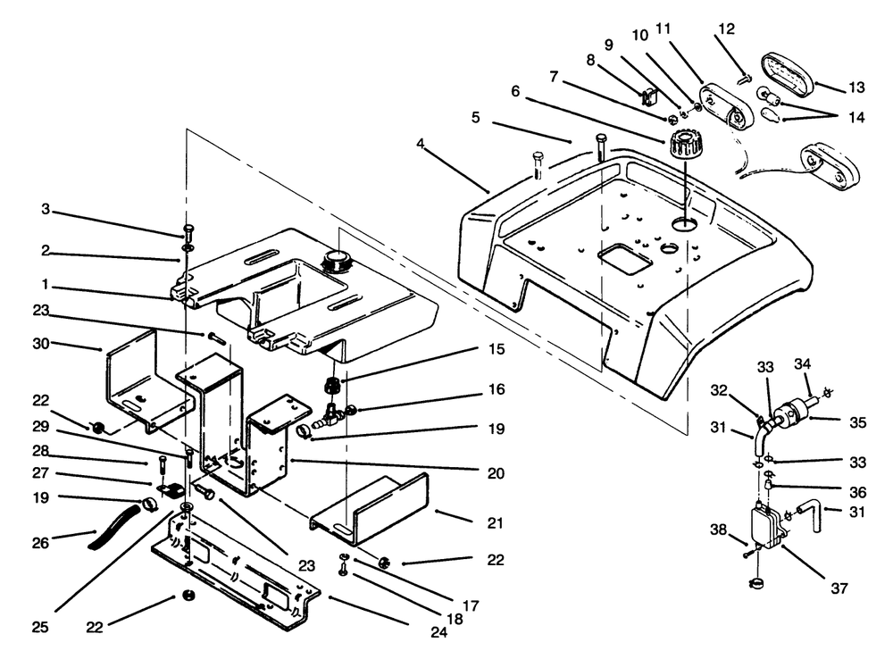 Fuel Tank, Fuel Pump, Fender And Support Diagram and Parts List for 73421 5901047 - 5999999 Toro Lawn Tractor