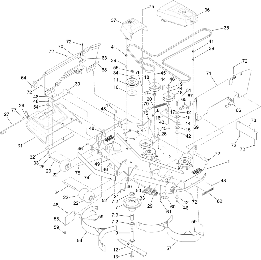 Deck Assembly Diagram and Parts List for 76425 400000000 - 415399999 Toro Lawn Tractor