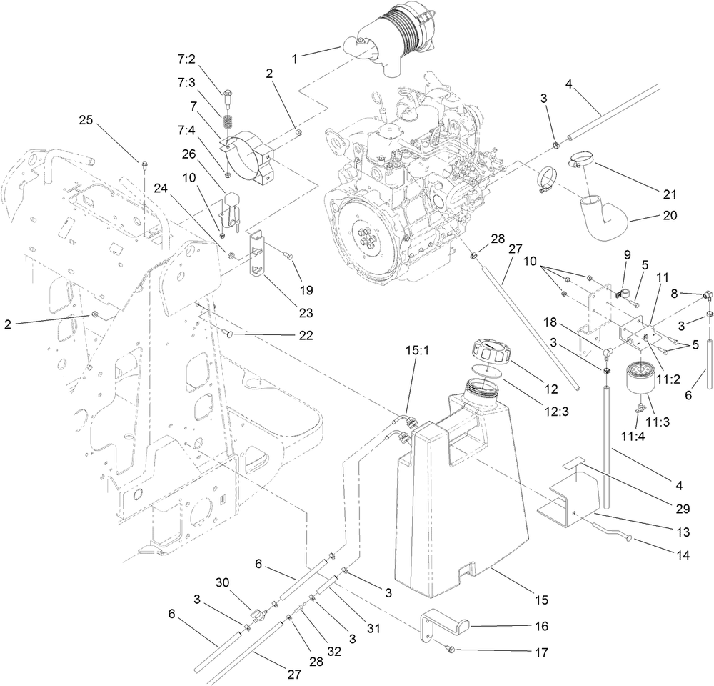 Fuel Tank And Air Filter Assembly Diagram and Parts List for 22337CP 400000000 - 401349999 Toro Lawn Tractor Accessories