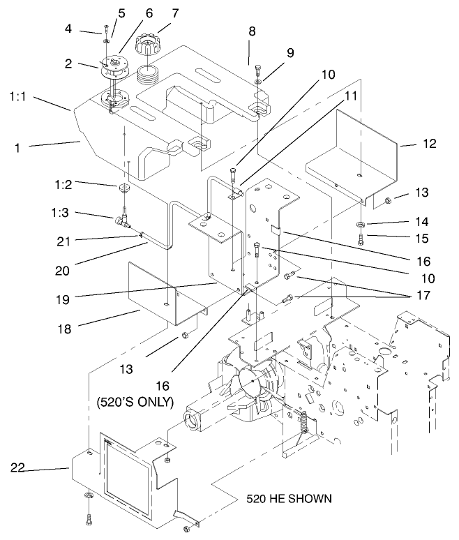 Fuel Tank & Hydro Fan Control Assembly 500 Diagram and Parts List for 73502 7900001 - 7999999 Toro Lawn Tractor