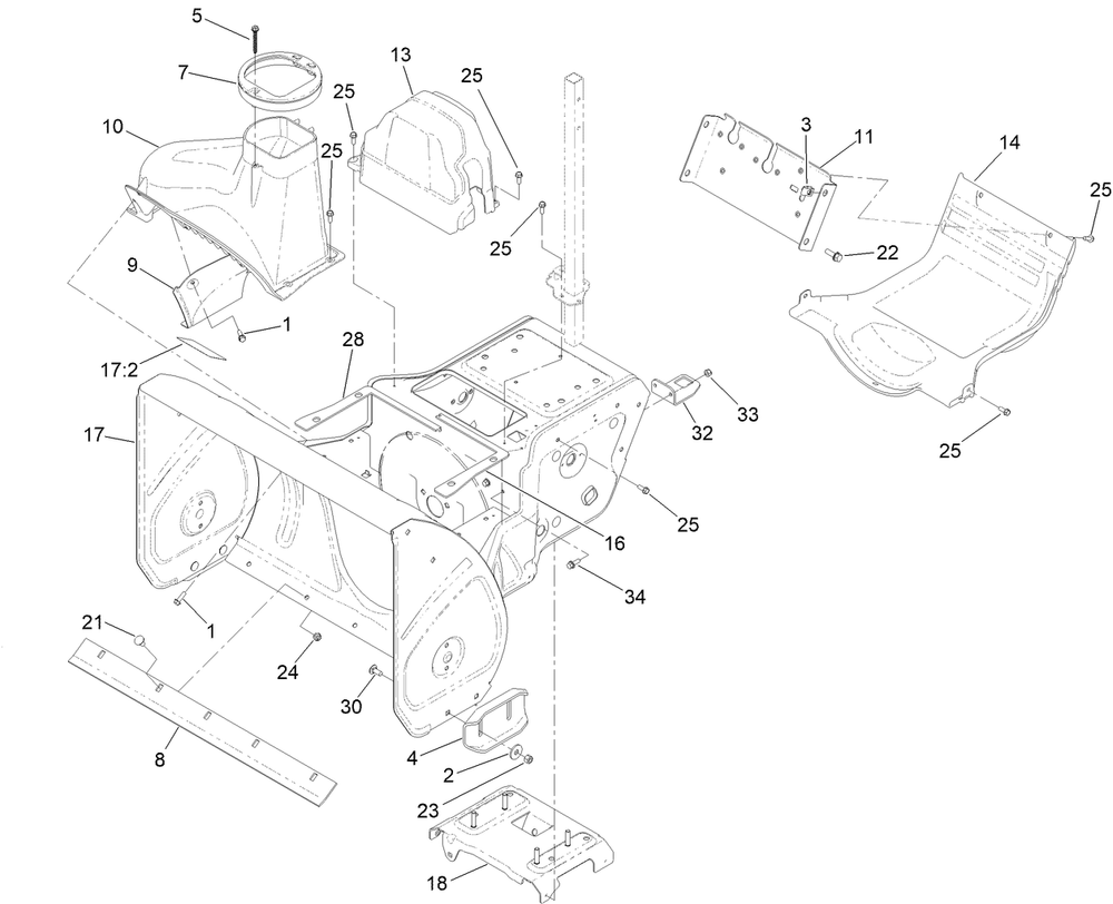 Main Frame And Auger Housing Assembly Diagram and Parts List for 39924 411732000 - 414457304 Toro Snow Blower
