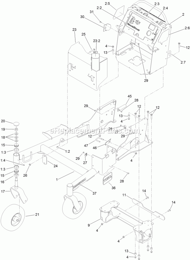 Frame Assembly Diagram and Parts List for 74588 314000001-314999999 Toro Lawn Mower