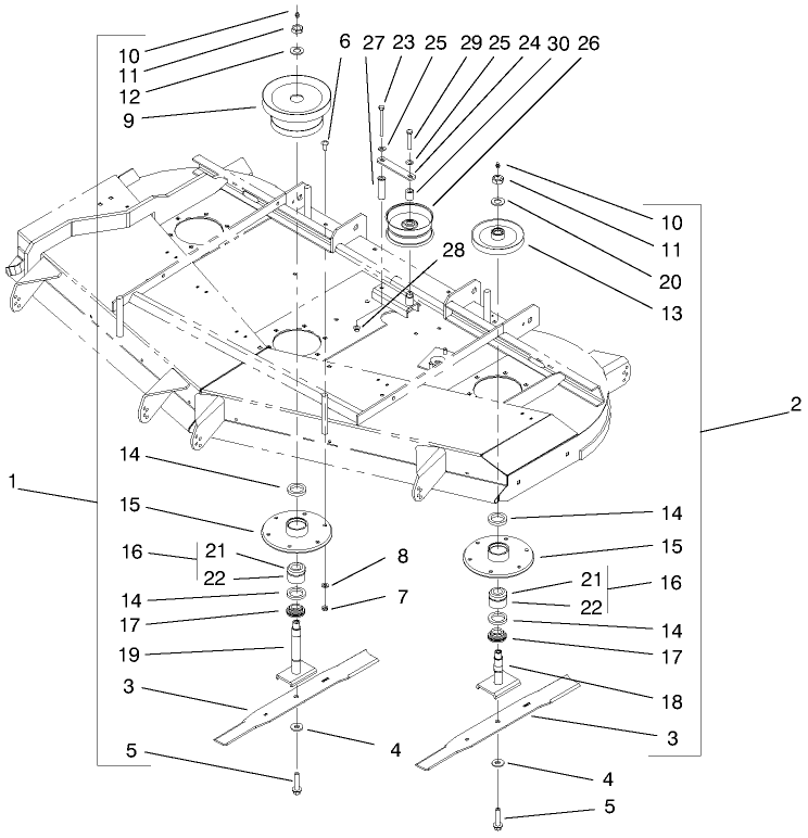 Deflector, Spindle And Pulley Assembly Diagram and Parts List for 74205 990001 - 999999 Toro Lawn Tractor