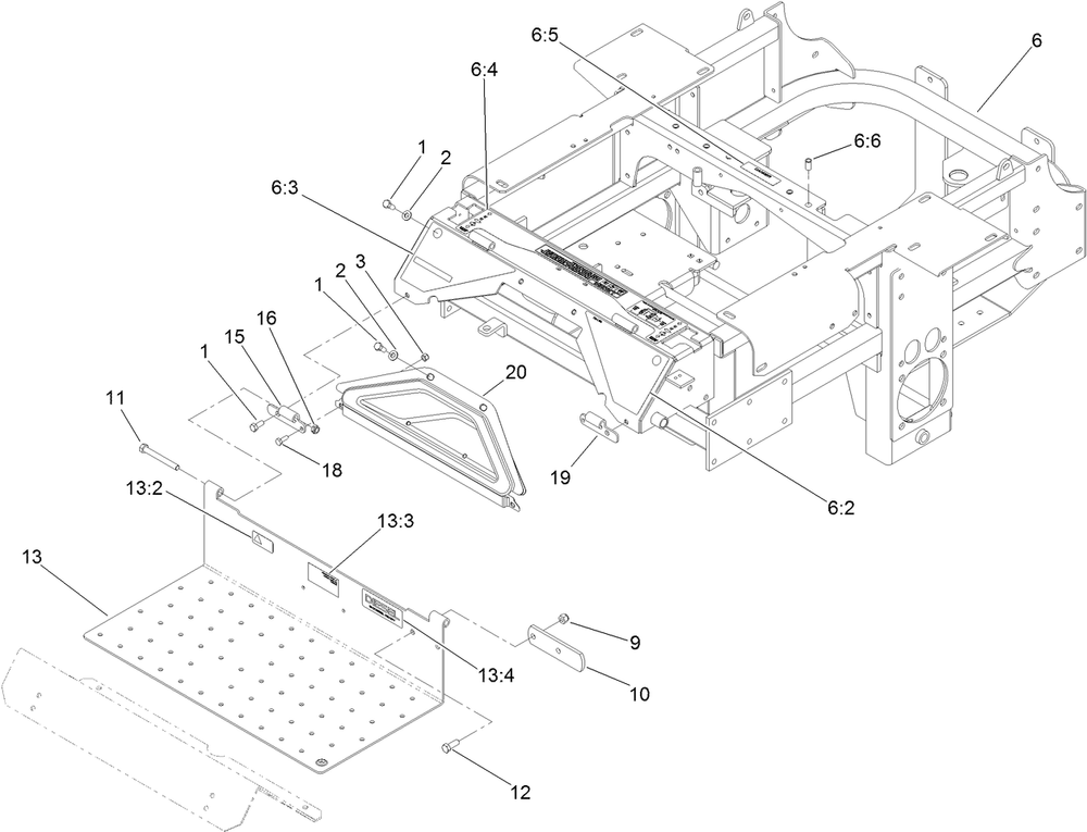 Traction Frame And Floor Pan Assembly Diagram and Parts List for 74274 (312000001-312999999)(2012) Toro Lawn Mower