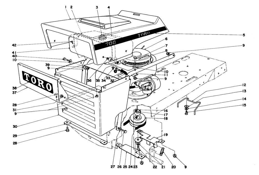 Hood And Engine Assembly Diagram and Parts List for 57131 3000001 - 3999999 Toro Lawn Tractor