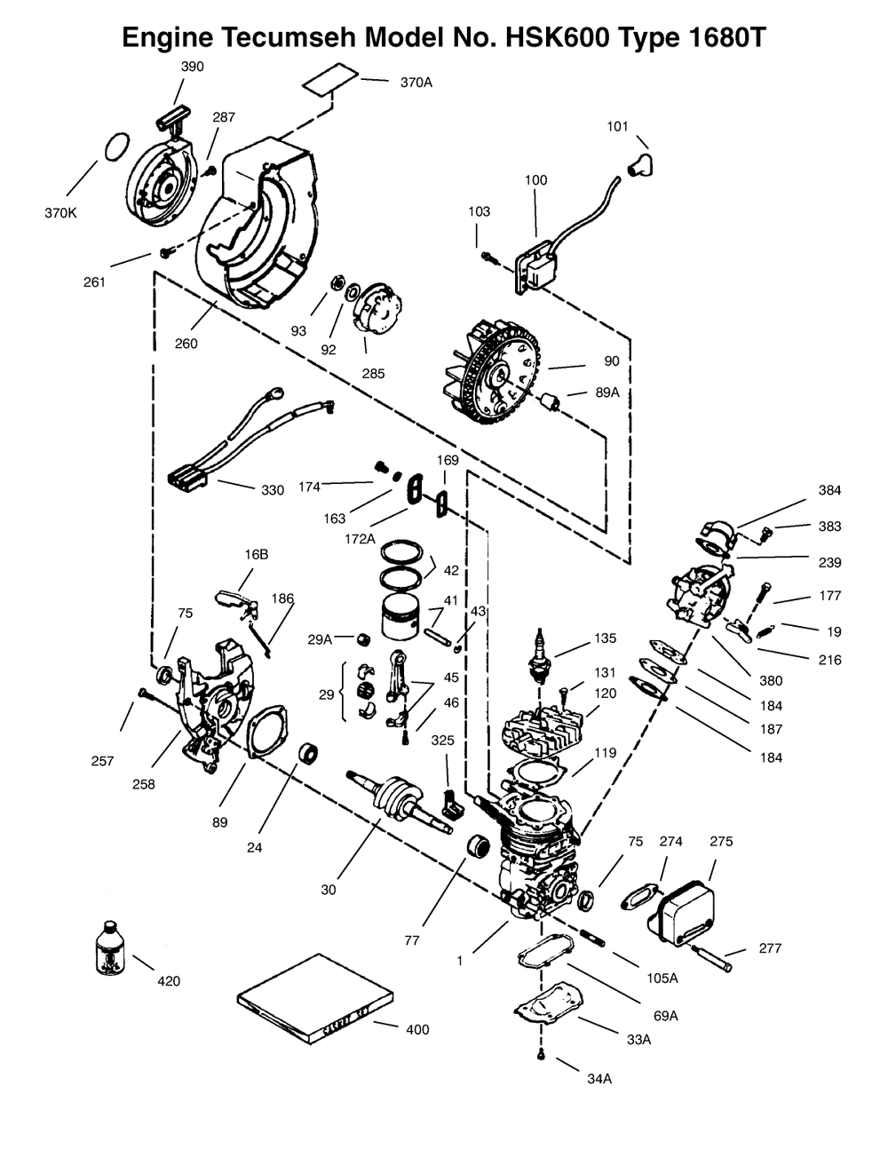 Engine Tecumseh Model No. Hsk600 Type 1680t Diagram and Parts List for 38170 8900001 - 8999999 Toro Snow Blower