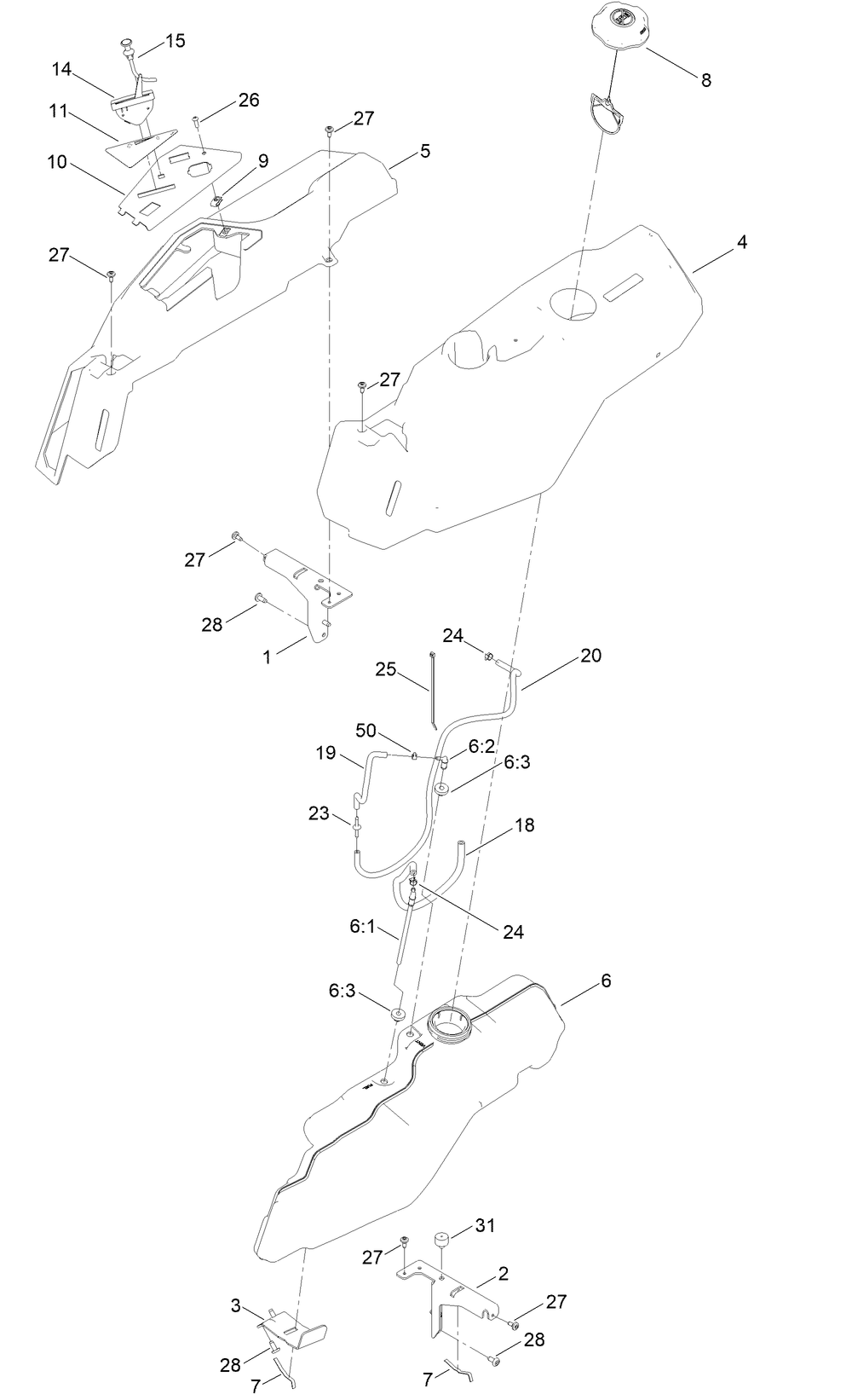Fuel Pod Assembly Diagram and Parts List for 75750 411000000 - 412659999 Toro Lawn Tractor