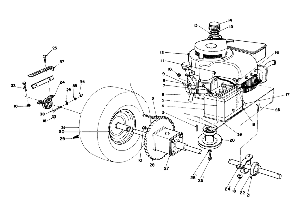Engine And Axle Assembly Diagram and Parts List for 56125 7000001 - 7999999 Toro Lawn Tractor