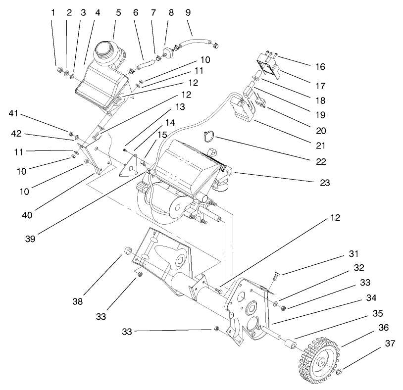 Engine & Fuel Tank Assembly Diagram and Parts List for 38425 7900001 - 7999999 Toro Snow Blower
