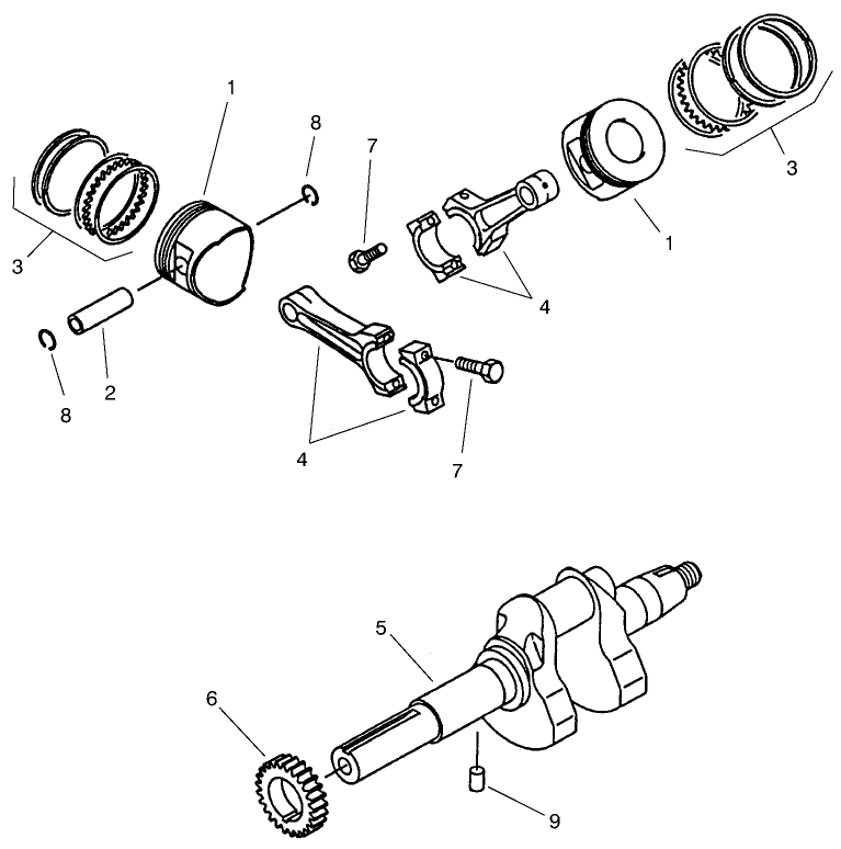 Piston & Crankshaft Assembly Diagram and Parts List for 73545 8900001 - 8999999 Toro Lawn Tractor
