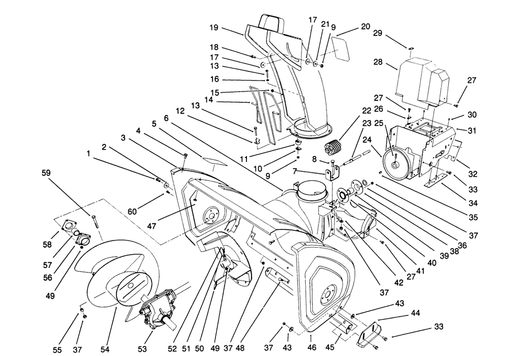 Housing & Chute Assembly Diagram and Parts List for 38574 2000001 - 2999999 Toro Snow Blower