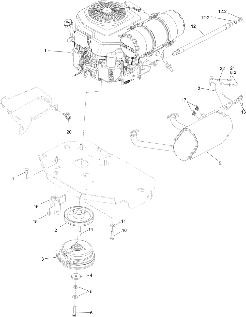 Engine, Clutch And Muffler Assembly Diagram and Parts List for 74933 (316000001-316999999)(2016) Toro Lawn Mower