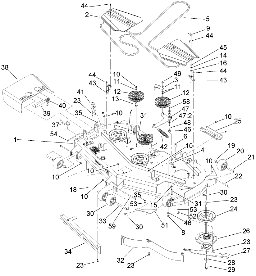 Deck Assembly Diagram and Parts List for 74265TE (270000001-270999999)(2007) Toro Lawn Mower