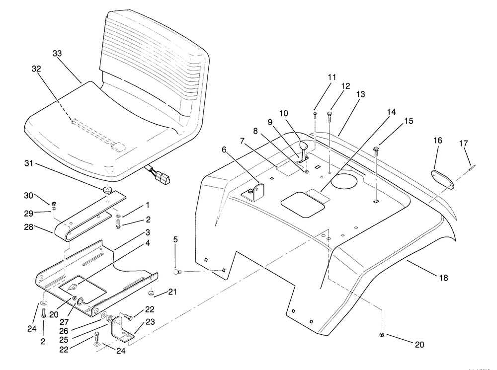 Fender And Seat Assembly Diagram and Parts List for 22-14OE01 1000001 - 1999999 Toro Lawn Tractor