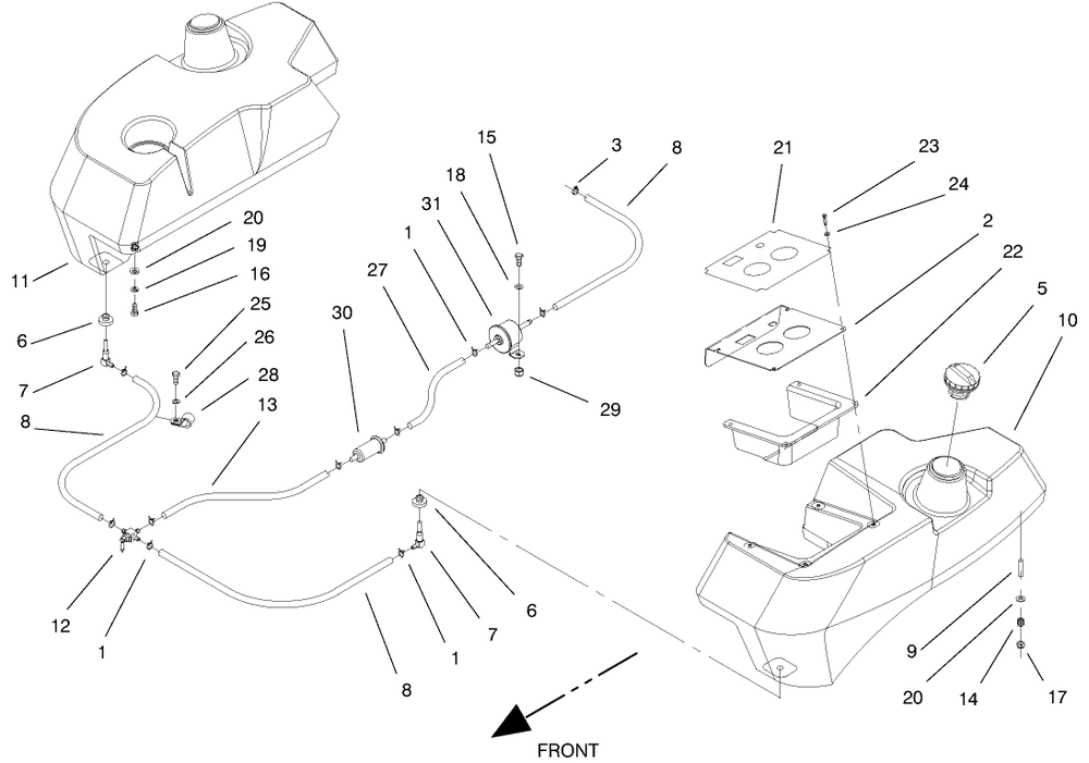 Tank And Fuel Lines Assembly Diagram and Parts List for 74212 (200000001-200999999)(2000) Toro Lawn Mower