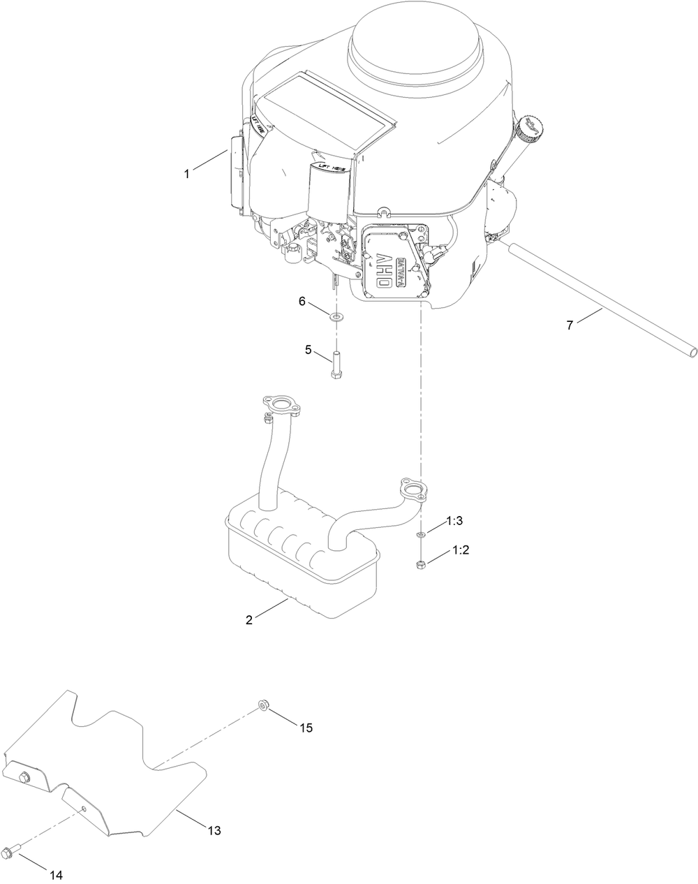 Engine And Muffler Assembly Diagram and Parts List for 75757 412500000 - 999999999 Toro Lawn Tractor