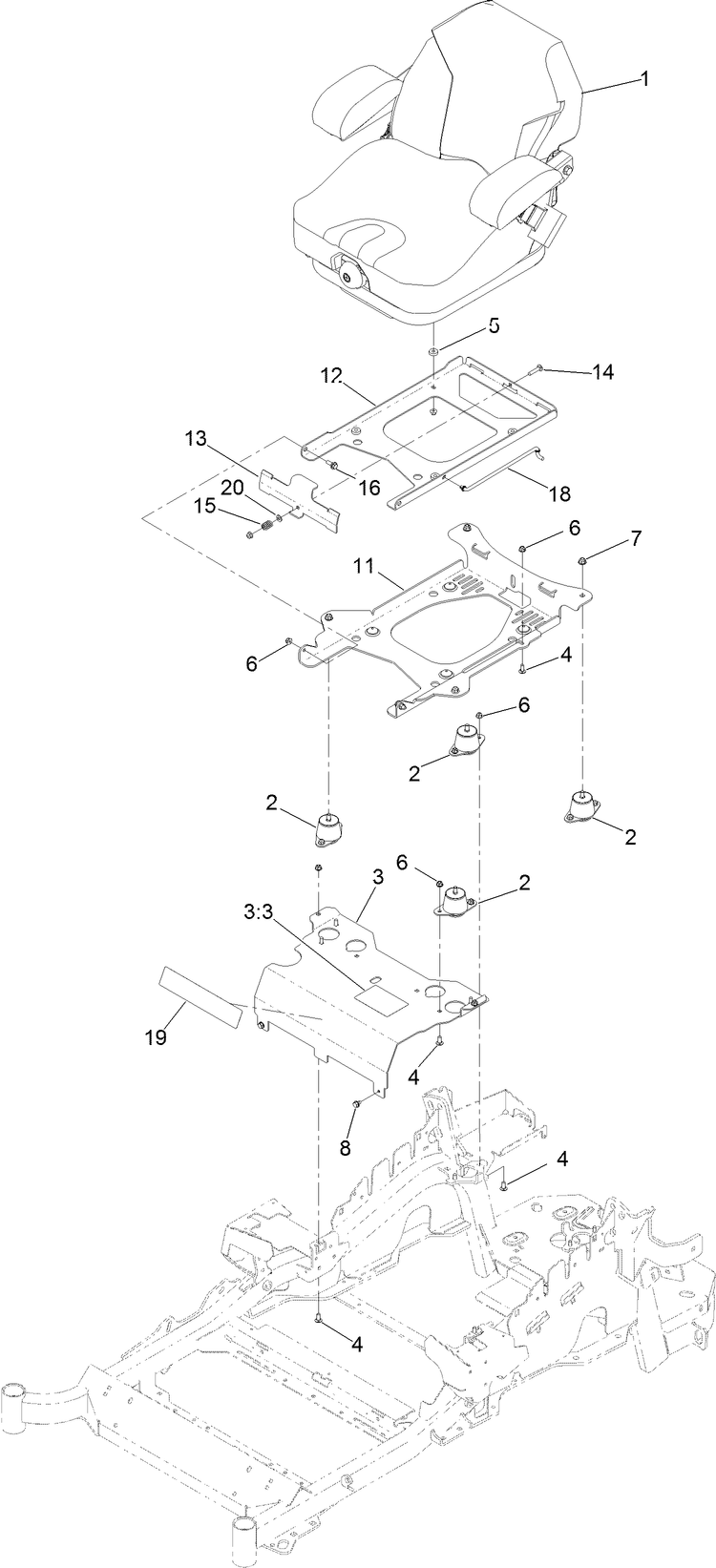 Seat Mounting Assembly Diagram and Parts List for 74950 402100000-403247404 Toro Lawn Mower