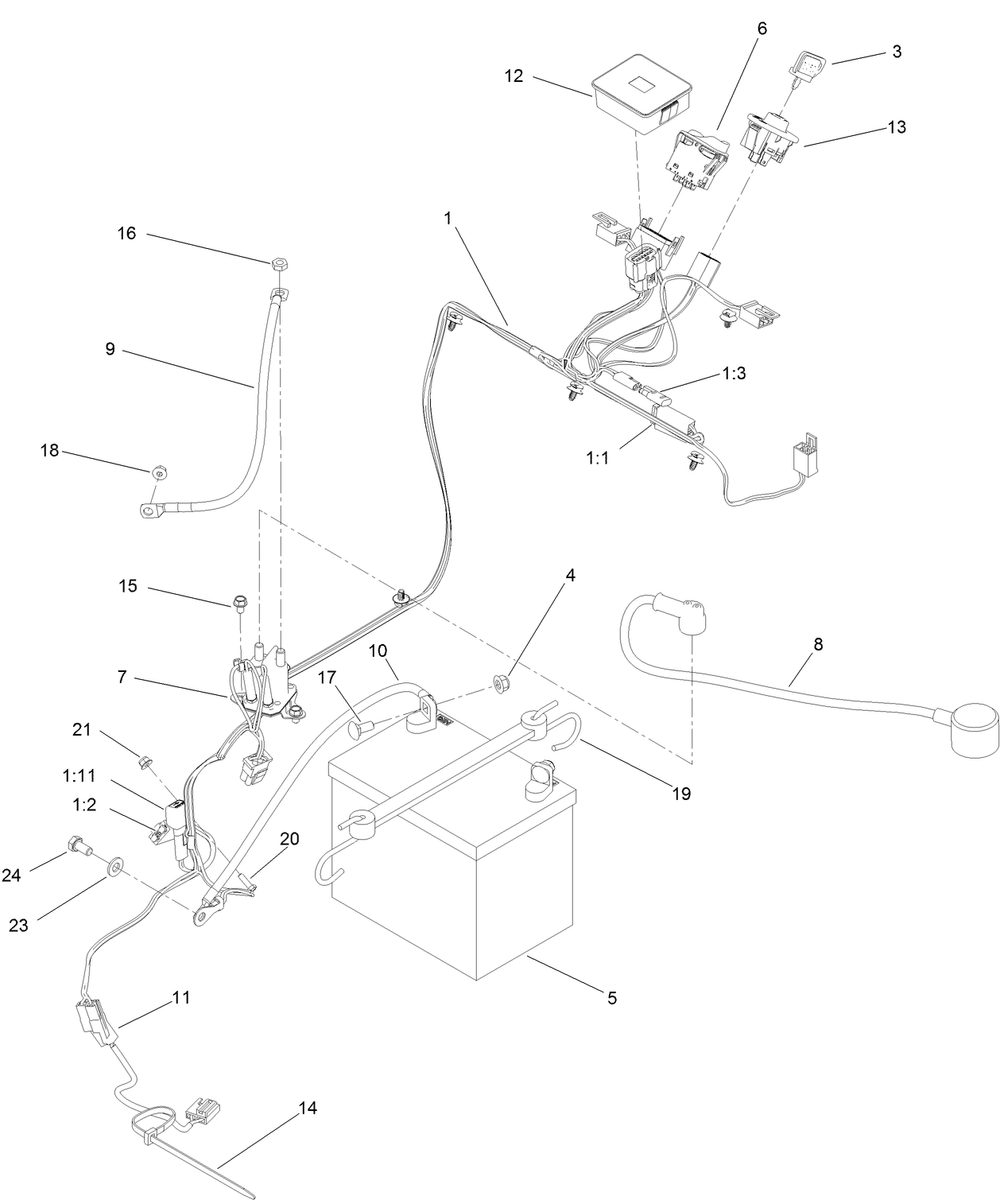 Electrical Harness And Battery Assembly Diagram and Parts List for 44410 406814864-407699999 Toro Lawn Mower