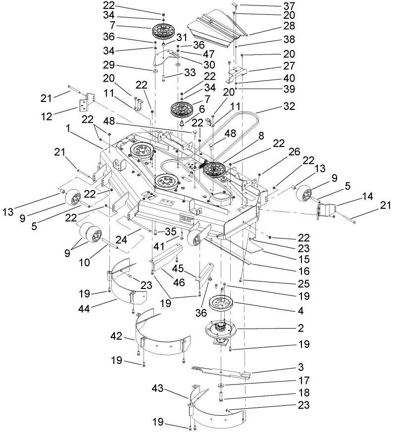 Deck Assembly Diagram and Parts List for 74279TE (270000001-270999999)(2007) Toro Lawn Tractor