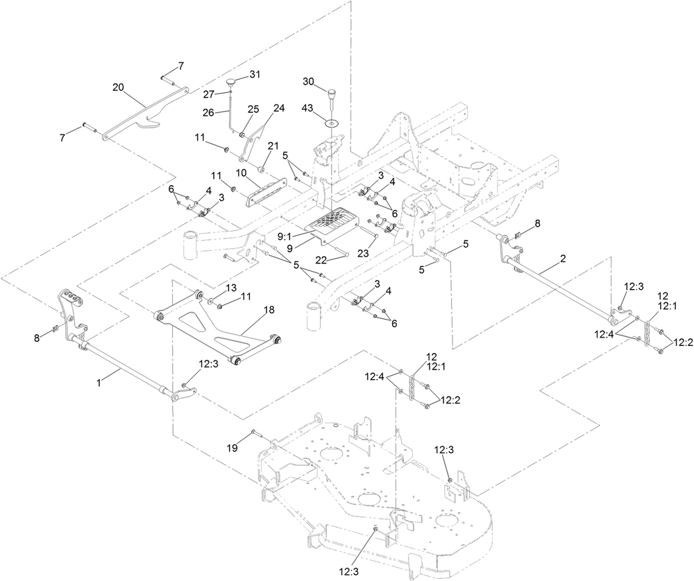 Deck Lift Assembly Diagram and Parts List for 74470 400000000-402099999 Toro Lawn Tractor