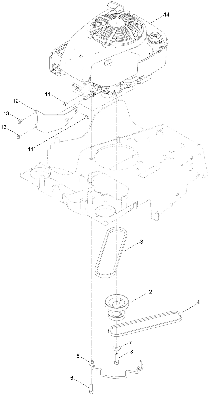 Engine And Belt Assembly Diagram and Parts List for 21811 413000000 - 414160194 Toro Lawn Mower