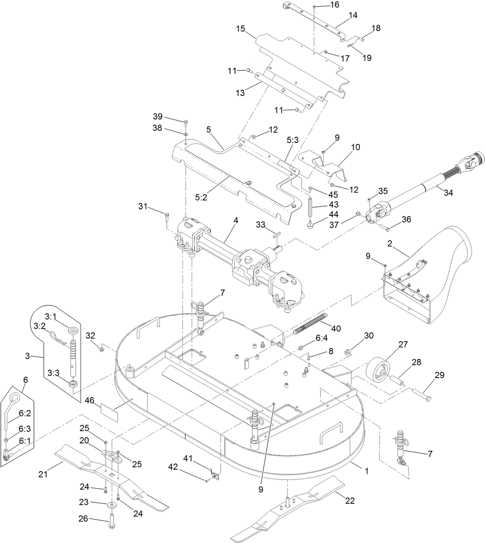 Deck, Gearbox And Driveshaft Mounting Assembly Diagram and Parts List for 74313 402090000-403319680 Toro Lawn Tractor