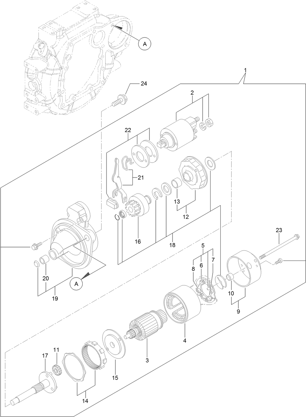 Starting Motor Assembly Diagram and Parts List for 22370 413000000 - 414487256 Toro Lawn Tractor Accessories