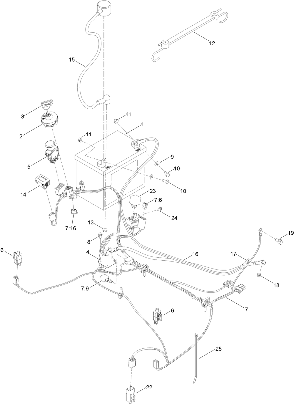 Electrical Assembly Diagram and Parts List for 75313 410000000 - 412325116 Toro Lawn Tractor