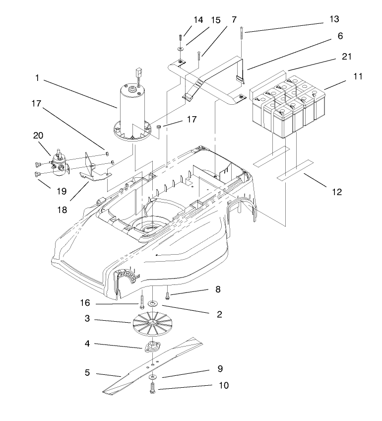Motor, Batteries And Blade Assembly Diagram and Parts List for 21040 7900001 - 7999999 Toro Lawn Mower